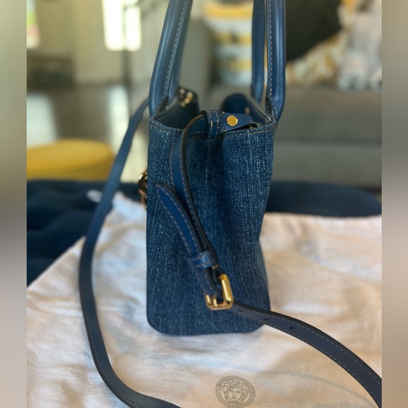 Authentic Rare Versace La Medusa Chain Embellished Leather trimmed Denim Tote 💙 - Picture 8 of 16